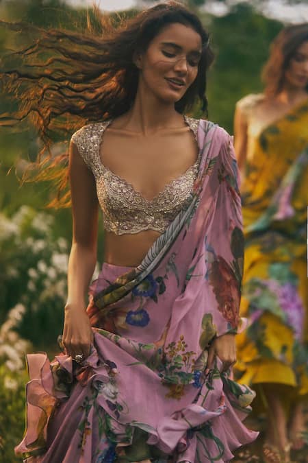 Anushree Reddy_Pink Organza, Chiffon Printed Pre-draped Saree With Unstitched Blouse Piece _Online_at_Aza_Fashions