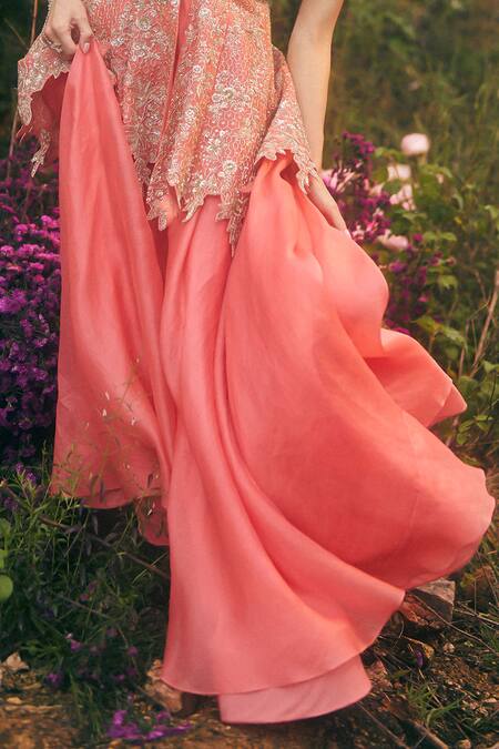 Anushree Reddy_Coral Organza Embroidery, Sequins, Zari, Stones Peplum Top And Flared Pant Set _Online_at_Aza_Fashions