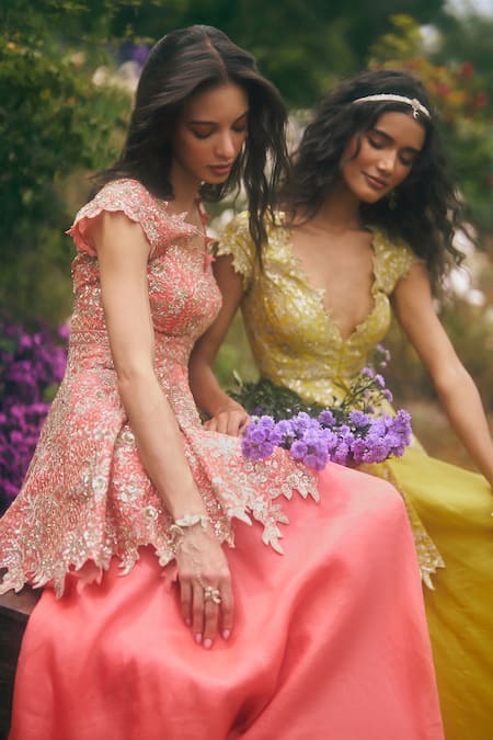 Buy_Anushree Reddy_Coral Organza Embroidery, Sequins, Zari, Stones Peplum Top And Flared Pant Set _Online_at_Aza_Fashions