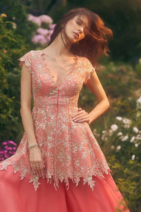 Shop_Anushree Reddy_Coral Organza Embroidery, Sequins, Zari, Stones Peplum Top And Flared Pant Set _Online_at_Aza_Fashions