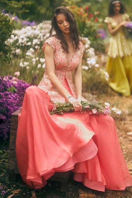 Anushree Reddy_Coral Organza Embroidery, Sequins, Zari, Stones Peplum Top And Flared Pant Set _at_Aza_Fashions
