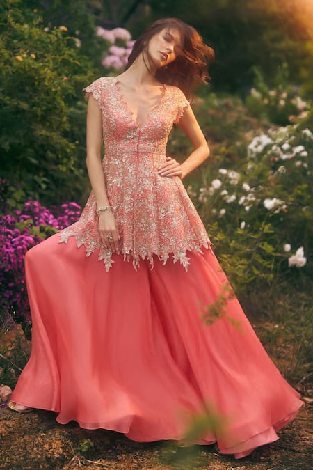 Anushree Reddy Embroidered Peplum Top & Flared Pant Set 