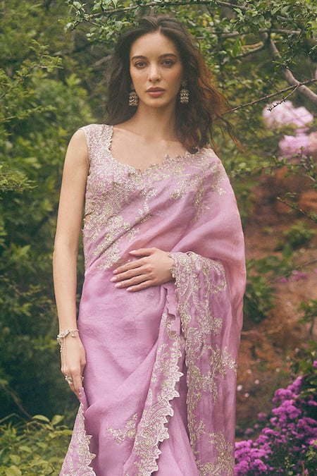 Anushree Reddy Aari Work Ruffle Organza Saree & Unstitched Blouse Set 