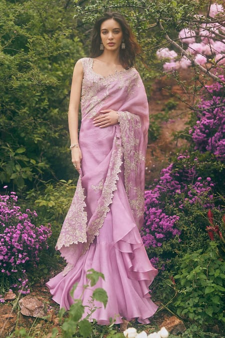 Anushree Reddy Aari Work Ruffle Organza Saree & Unstitched Blouse Set 