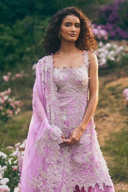 Buy_Anushree Reddy_Lavender Organza Embroidery, Zari Square Neck Embellished Kurta Sharara Set _Online_at_Aza_Fashions