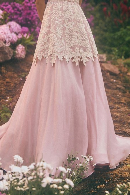 Anushree Reddy_Pink Organza Lace V-neck Embroidered Peplum Top And Flared Pant Set _Online_at_Aza_Fashions