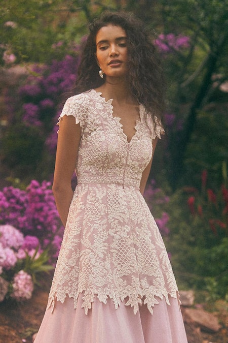 Buy_Anushree Reddy_Pink Organza Lace V-neck Embroidered Peplum Top And Flared Pant Set _Online_at_Aza_Fashions