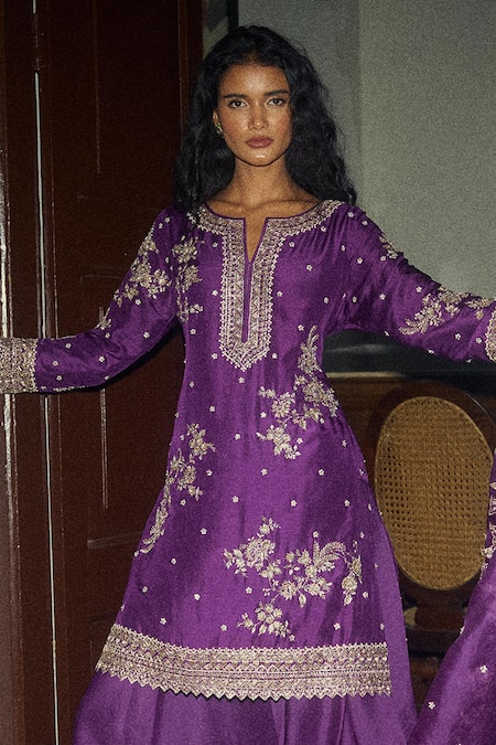 Anushree Reddy_Blue Silk, Dupion, Organza Embroidery, Zari Split Floral Kurta Sharara Set _Online_at_Aza_Fashions