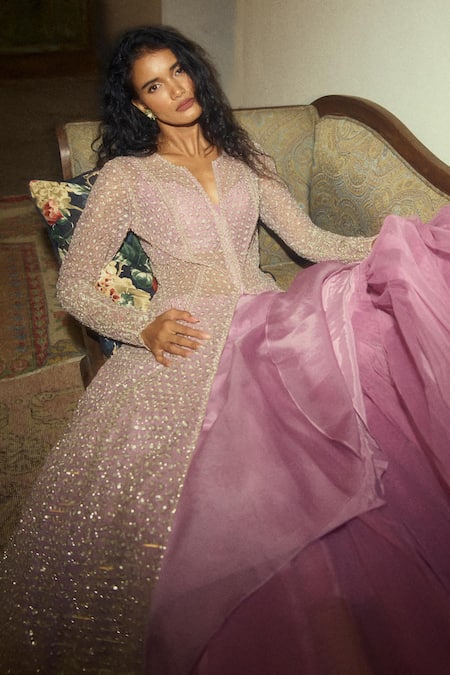 Anushree Reddy_Pink Net, Silk, Organza Sequins V-neck Embroidered Jacket Skirt Set _Online_at_Aza_Fashions