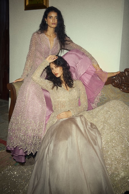 Buy_Anushree Reddy_Ivory Net, Silk, Organza Sequins V-neck Embellished Jacket Skirt Set _Online_at_Aza_Fashions