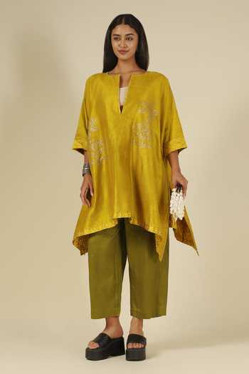 LATHA PUTTANNA_Gold Silk Embroidery, Sequins Split V-neck Kurta And Trouser Set _Online_at_Aza_Fashions