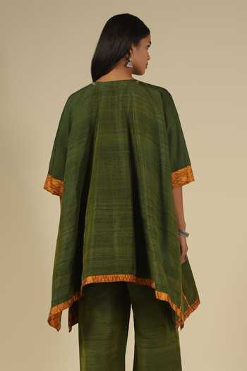 Shop LATHA PUTTANNA Olive Green Silk Sequins, Embroidery Split V-neck, Yes Raw Kurta And Pant Set Online at Aza Fashions Shop_LATHA PUTTANNA_Olive Green Silk Sequins, Embroidery Split V-neck, Yes Raw Kurta And Pant Set _Online_at_Aza_Fashions
