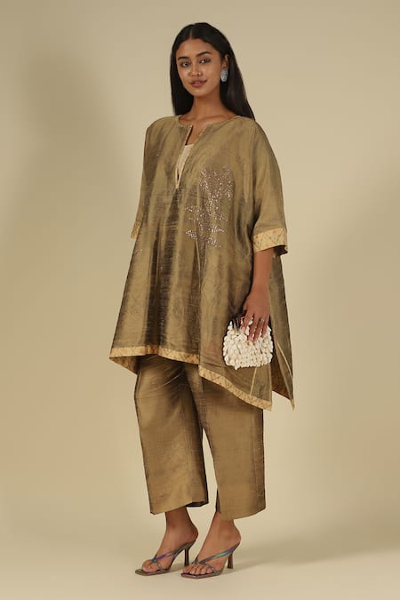 LATHA PUTTANNA Sequin Embroidered Raw Silk Kurta & Pant Set 