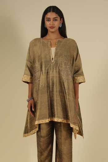 Shop_LATHA PUTTANNA_Gold Silk Embroidery, Sequins Split V-neck, Yes Raw Kurta And Pant Set _Online_at_Aza_Fashions