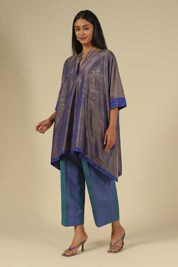 LATHA PUTTANNA_Blue Silk Embroidery, Sequins Split V-neck, Yes Raw Kurta And Trouser Set _Online_at_Aza_Fashions