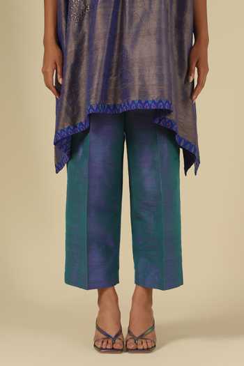 Buy_LATHA PUTTANNA_Blue Silk Embroidery, Sequins Split V-neck, Yes Raw Kurta And Trouser Set _Online_at_Aza_Fashions