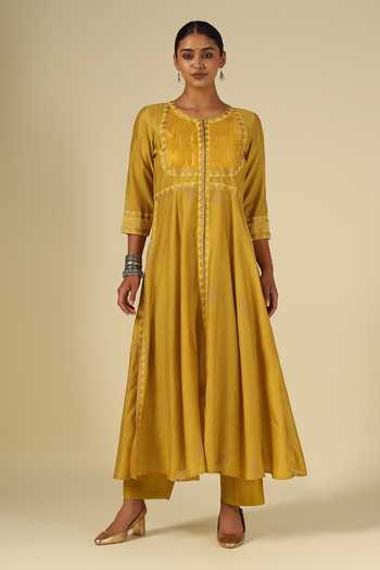 LATHA PUTTANNA_Gold , Cotton, Organza, Chanderi Embroidery Round Neck Kurta Set _Online_at_Aza_Fashions