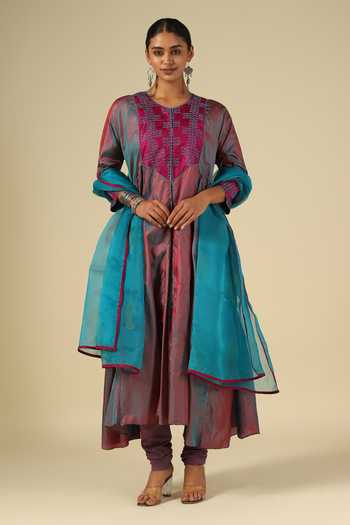 Buy_LATHA PUTTANNA_Blue , Cotton, Organza, Chanderi Embroidery V-neck, Thread Kurta Set _Online_at_Aza_Fashions
