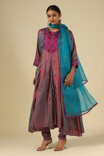 Buy_LATHA PUTTANNA_Blue , Cotton, Organza, Chanderi Embroidery V-neck, Thread Kurta Set 