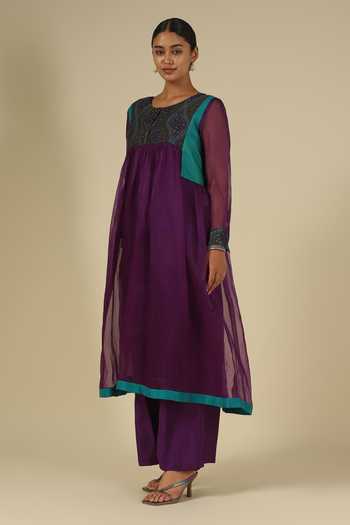 Buy_LATHA PUTTANNA_Purple Silk, Organza Embroidery Round Neck Block Print Kurta Set _Online_at_Aza_Fashions