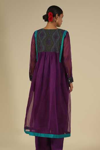 Buy_LATHA PUTTANNA_Purple Silk, Organza Embroidery Round Neck Block Print Kurta Set 