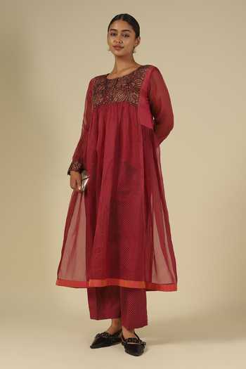 LATHA PUTTANNA_Red Silk, Organza Embroidery Round Neck, Yes Block Print Kurta And Trouser Set _Online_at_Aza_Fashions