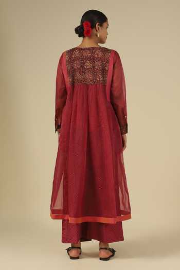 Buy_LATHA PUTTANNA_Red Silk, Organza Embroidery Round Neck, Yes Block Print Kurta And Trouser Set _Online_at_Aza_Fashions