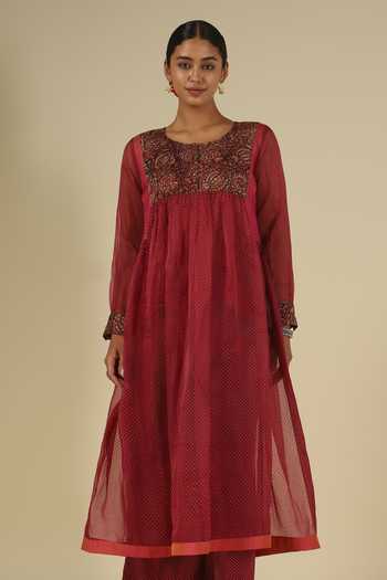 Shop_LATHA PUTTANNA_Red Silk, Organza Embroidery Round Neck, Yes Block Print Kurta And Trouser Set _Online_at_Aza_Fashions