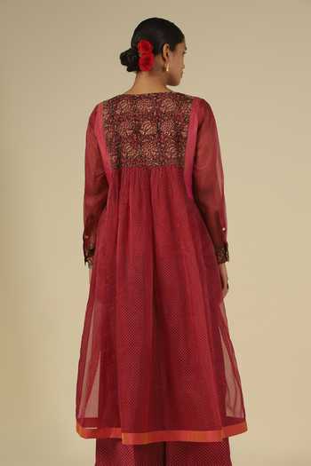 LATHA PUTTANNA_Red Silk, Organza Embroidery Round Neck, Yes Block Print Kurta And Trouser Set _at_Aza_Fashions