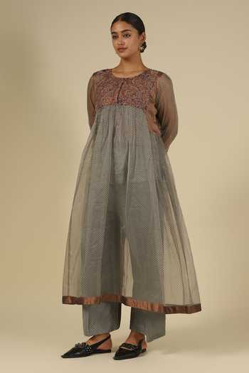 LATHA PUTTANNA_Brown Silk, Organza Embroidery Round Neck Kalamkari Kurta Set _Online_at_Aza_Fashions