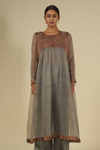 Buy_LATHA PUTTANNA_Brown Silk, Organza Embroidery Round Neck Kalamkari Kurta Set _Online_at_Aza_Fashions