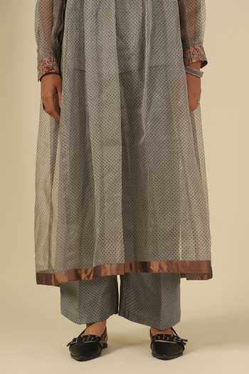 LATHA PUTTANNA_Brown Silk, Organza Embroidery Round Neck Kalamkari Kurta Set _at_Aza_Fashions