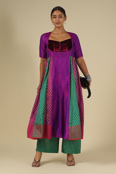 LATHA PUTTANNA Block Print Karnataka Silk Kurta & Trouser Set 