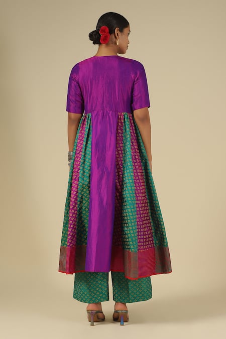 LATHA PUTTANNA Block Print Karnataka Silk Kurta & Trouser Set 