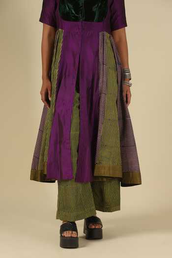 Shop_LATHA PUTTANNA_Green Silk, Cotton, Velvet Sweetheart Block Print Karnataka Kurta And Pant Set 
