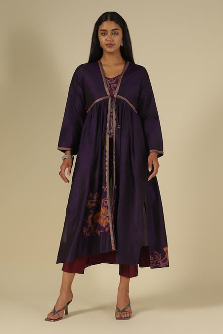 Shop LATHA PUTTANNA Gold Silk, Cotton Embroidery Open , Scoop Thread Jacket Pant Set Online at Aza Fashions Shop_LATHA PUTTANNA_Gold Silk, Cotton Embroidery Open , Scoop Thread Jacket Pant Set _Online_at_Aza_Fashions