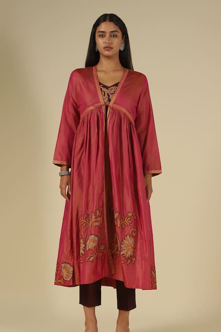 Buy_LATHA PUTTANNA_Pink Silk, Cotton Embroidery V-neck Thread Jacket Pant Set 