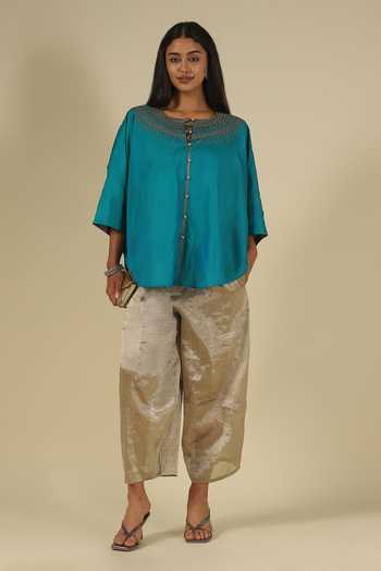 LATHA PUTTANNA_Gold Silk Embroidery Round Neck Thread Top _Online_at_Aza_Fashions