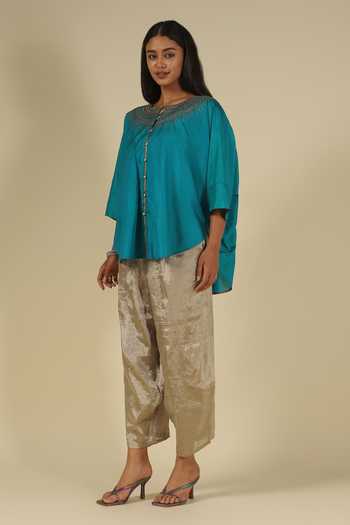 Buy_LATHA PUTTANNA_Gold Silk Embroidery Round Neck Thread Top _Online_at_Aza_Fashions