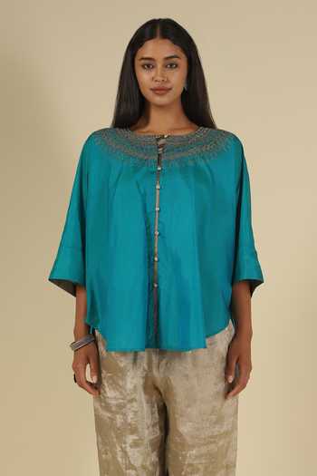 LATHA PUTTANNA_Gold Silk Embroidery Round Neck Thread Top _at_Aza_Fashions