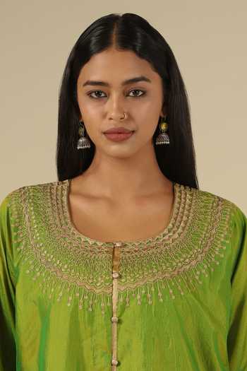 LATHA PUTTANNA_Green Silk Embroidery Scoop Neck Thread Karnataka Top _at_Aza_Fashions