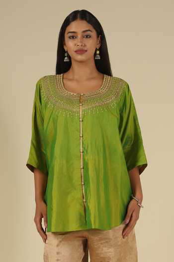 Buy_LATHA PUTTANNA_Green Silk Embroidery Scoop Neck Thread Karnataka Top 