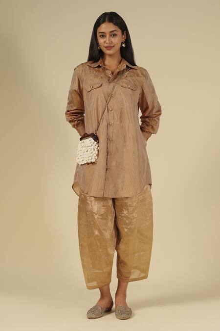 LATHA PUTTANNA_Gold Silk Embroidery Collared Thread Work Shirt Tunic _at_Aza_Fashions