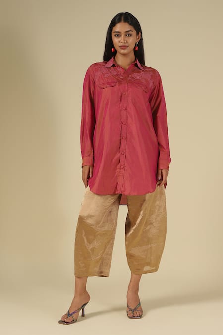 LATHA PUTTANNA Pink Silk Embroidery Collared, Yes Karnataka Shirt Tunic Online at Aza Fashions LATHA PUTTANNA_Pink Silk Embroidery Collared, Yes Karnataka Shirt Tunic _Online_at_Aza_Fashions