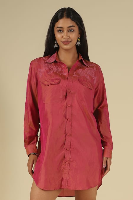 LATHA PUTTANNA Pink Silk Embroidery Collared, Yes Karnataka Shirt Tunic at Aza Fashions LATHA PUTTANNA_Pink Silk Embroidery Collared, Yes Karnataka Shirt Tunic _at_Aza_Fashions