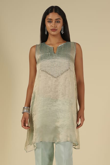 Shop_LATHA PUTTANNA_Blue Silk, Cotton, Tissue, Organza Beads Split V-neck, Yes Embellished Kurta Set _Online_at_Aza_Fashions