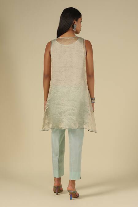 LATHA PUTTANNA_Blue Silk, Cotton, Tissue, Organza Beads Split V-neck, Yes Embellished Kurta Set _at_Aza_Fashions