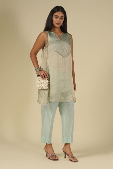 Buy_LATHA PUTTANNA_Blue Silk, Cotton, Tissue, Organza Beads Split V-neck, Yes Embellished Kurta Set 