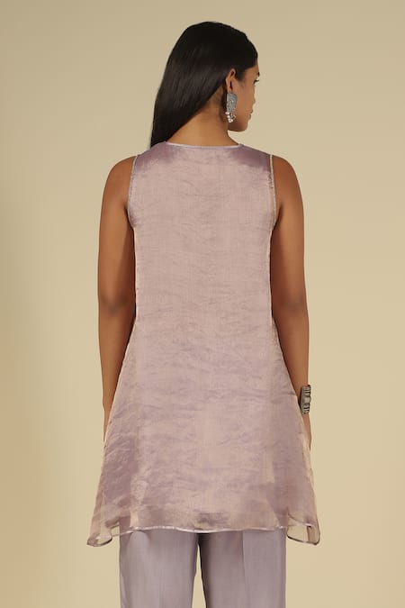 LATHA PUTTANNA_Lilac Silk, Cotton, Organza, Tissue Beads Keyhole Neck Straight Kurta Set _at_Aza_Fashions