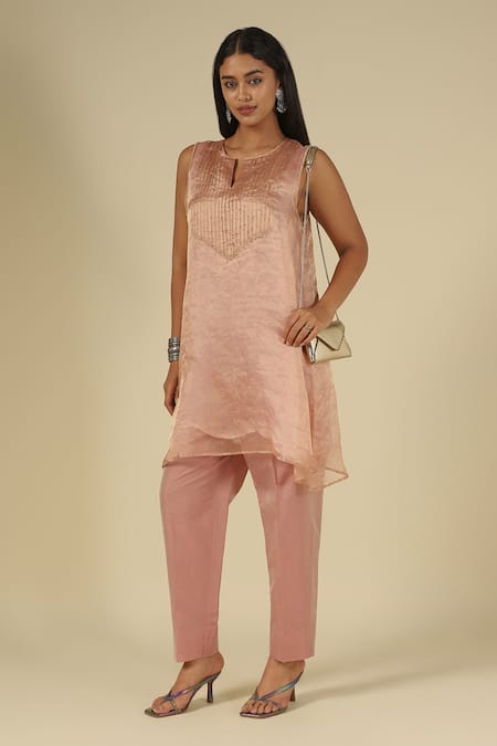 Buy LATHA PUTTANNA Pink Organza, Tissue, Silk, Cotton Beads Split V-neck Embellishment Kurta Set at Aza Fashions Buy_LATHA PUTTANNA_Pink Organza, Tissue, Silk, Cotton Beads Split V-neck Embellishment Kurta Set _at_Aza_Fashions
